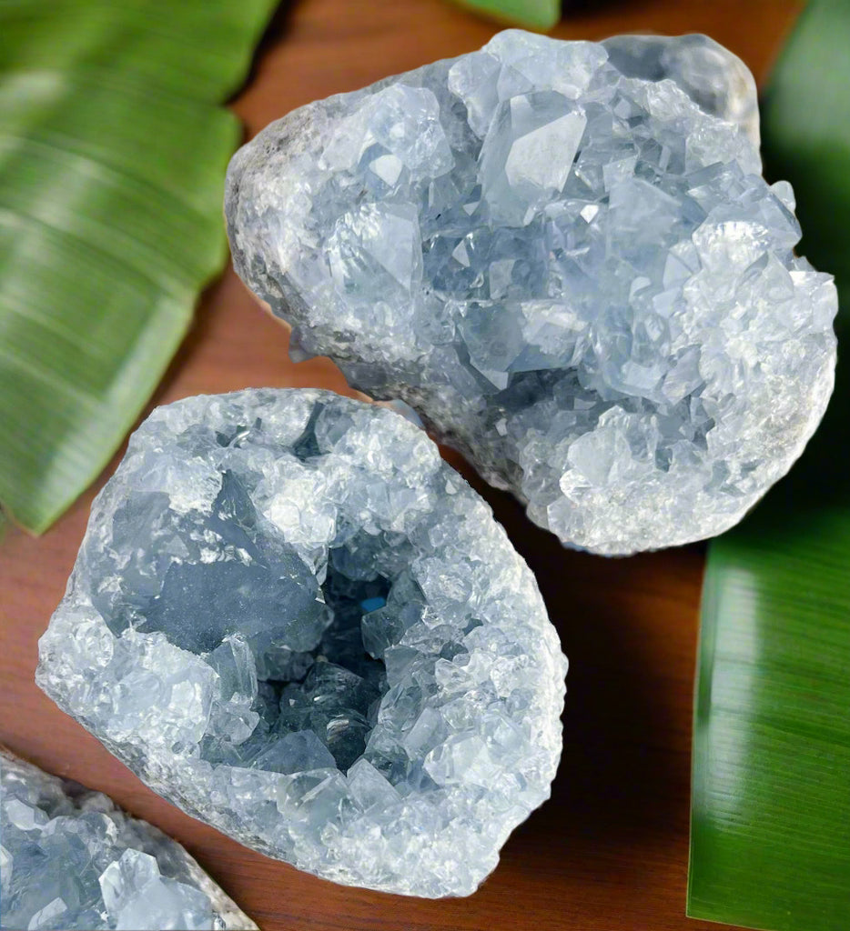 Two crystal geodes on a wooden surface with green leaves in the background